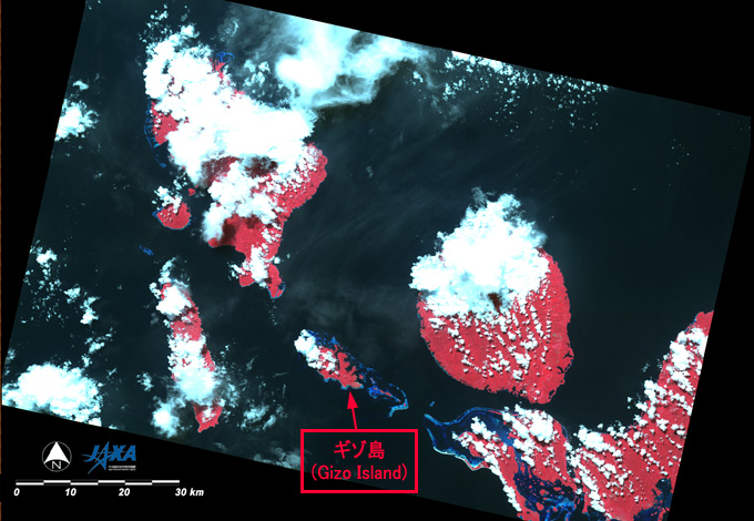 Solomon Islands observed by AVNIR-2 on Apr. 8, 2007. False color combination using R,G,B=Band4,3,2 of AVNIR-2.