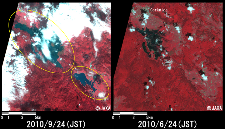 Fig.3: Enlarged images of the freshet at Cerknica (256 square kilometers, left: September 24, 2010; right: June 24, 2010).