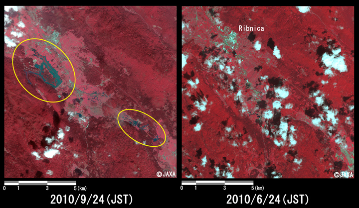Fig.4: Enlarged images of the freshet at Ribnica. (144 square kilometers, left: September 24, 2010; right: June 24, 2010).