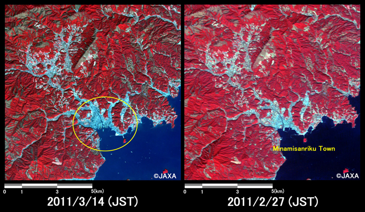 Fig.6: Enlarged images at Minami-sanriku-cho in Miyagi Prefecture. (100 square kilometers, left: March 14, 2011; right: February 27, 2011).