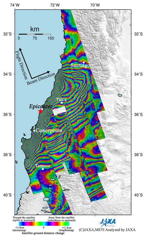 Figure 2 is a mosaicked interferogram generated from PALSAR data of 9 contiguous paths (p111-119) acquired before and after the earthquake using the DInSAR technique. A color pattern illustrates changes of satellite-ground distance for the period.