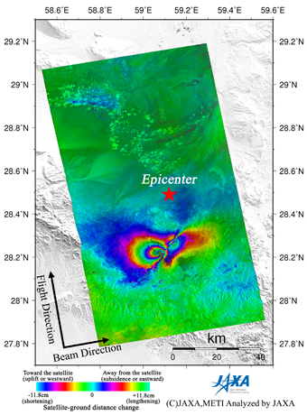 Figure 2 left is an interferogram generated from PALSAR data acquired before (2010/9/30) and after (2010/12/31) the earthquake using the DInSAR technique.