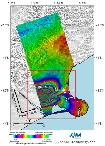 Figure 2 left is an interferogram generated from PALSAR data acquired before (March 5, 2008) and after (September 11, 2010) the earthquake using the DInSAR technique.