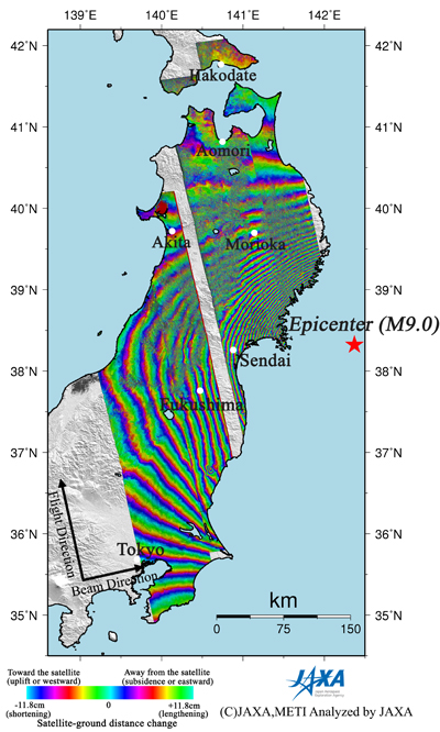 Fig.3: Mosaicked PALSAR interferogram (ascending orbits) showing deformation map.