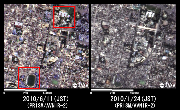 Fig. 3: Enlarged image around presidential palace in Haiti (1km squares, left: June 11, 2010; right: January 24, 2010).