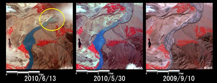 Fig. 3: Enlarged image of upper reaches of the dammed lake (6 km squares, left: June 13, 2010; middle: May 30, 2010; right: Sep. 10, 2009).