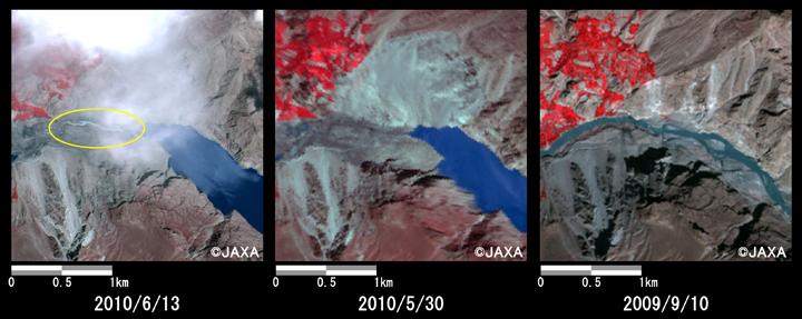 Fig. 4: Enlarged image of down reaches of the dammed lake corresponds to the site of the landslide (2.5 km squares, left: June 13, 2010; middle: May 30, 2010; right: Sep. 10, 2009).