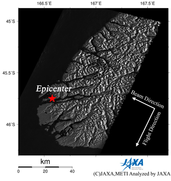 Figure 1 right is a PALSAR amplitude image acquired after the earthquake indicating an observation field of 150 km from north to south.