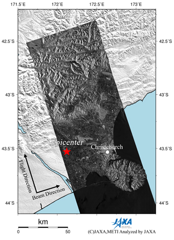 Figure 2 right is a PALSAR amplitude image observed after the earthquake (2010/9/11).