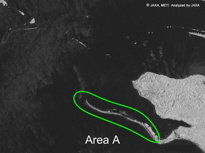 Figure 5(After the Earthquake): This image taken by the PALSAR (on April 8, 2007) shows the area encircled by a square in Figure 4 Compared to Figure 6 below, which shows the Area A at the time of low-tide level, the land obviously extended (circled by a green line.)