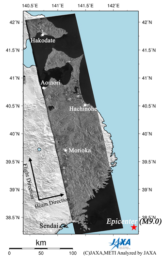 Figure 2 right is a PALSAR amplitude image observed after the earthquake (March 15, 2011).