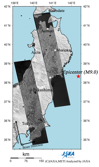 Figure 2 right shows two tracks of PALSAR amplitude images acquired after the earthquake.