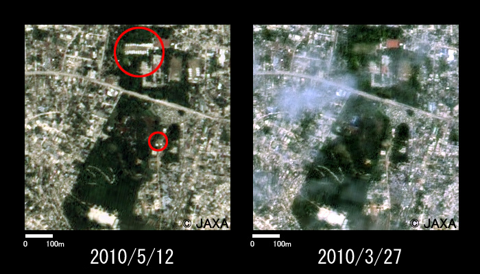 Fig.2: Enlarged image around a school and a hospital (750m squares, left: May 12, 2010; right: Mar. 27, 2010).