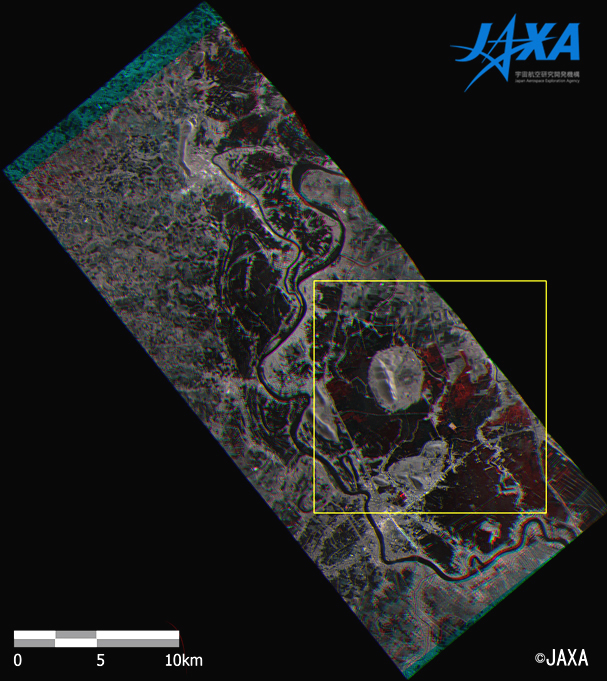 Fig. 2: Change-detection image of water-damaged areas taken by Pi-SAR-L at Sep 24th and Sep 27th