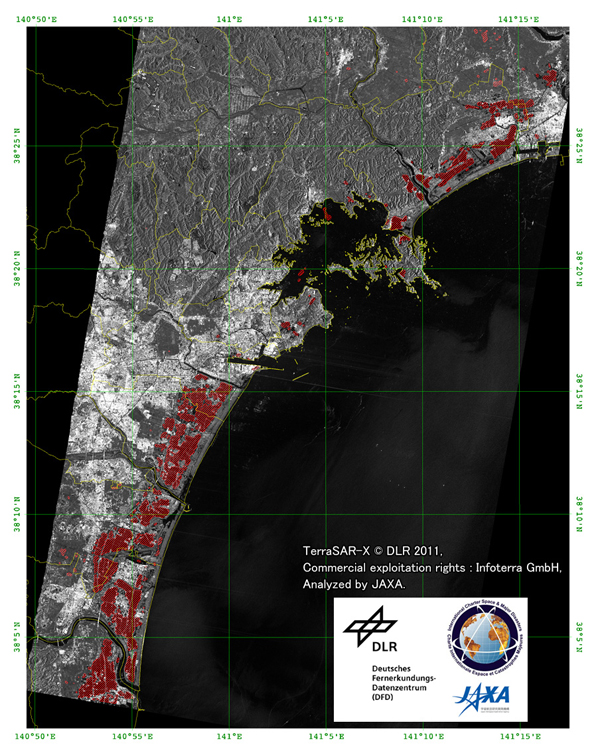 Fig. 2: Change analysis map derived from TerraSAR-X images of the after and before the earthquake.