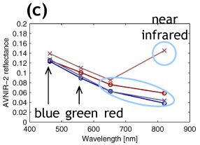 (c) spectral plots at two discoloration (red) and two non-discoloration areas (blue). Horizontal axis shows wavelength and vertical AVNIR-2 reflectance. Circle and cross markers show locations in the left figures.