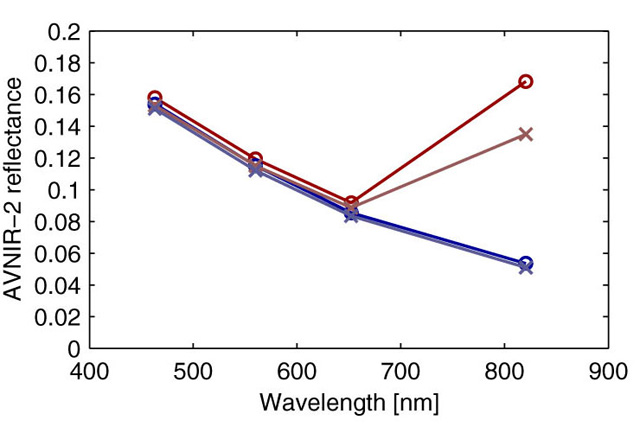 Spectral plots at two discoloration (red) and two non-discoloration areas (blue) on June 1, 2006.