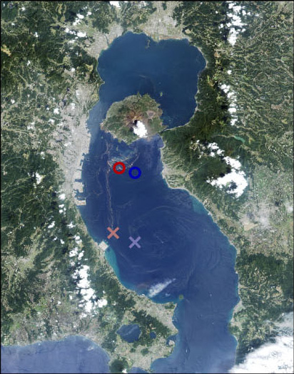 Kagoshima Bay on Apr. 7, 2006 observed by AVNIR-2 (R,G,B=Band3,2,1)