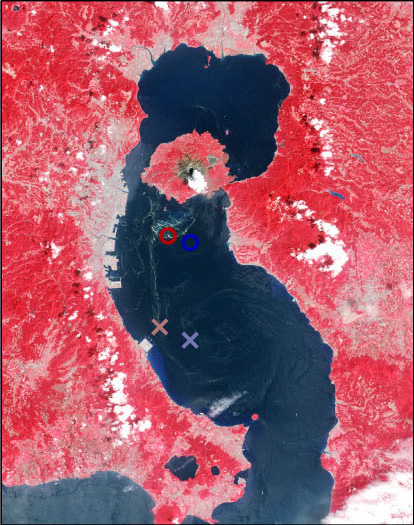 Kagoshima Bay on Apr. 7, 2006 observed by AVNIR-2 (R,G,B=Band4,3,2)