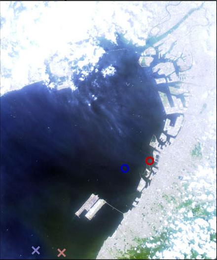 East coast of Osaka Bay on May 24, 2006 observed by AVNIR-2 (R,G,B=Band3,2,1)