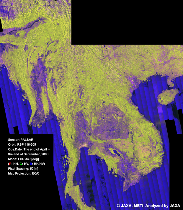 Fig. 2: The color Mosaic of Indochina Area (PALSAR 50m Orthorectified Mosaic product for The end of Apr. ~ the end of Sep., 2008).