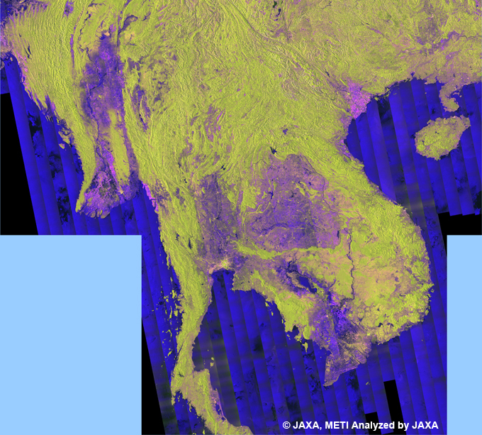 The Indochina mainland Area of PALSAR 50m Orthorectified Mosaic product for summer 2007 (mainly from September, October, and November) for June 12, 2007 ~ November 30, 2007.