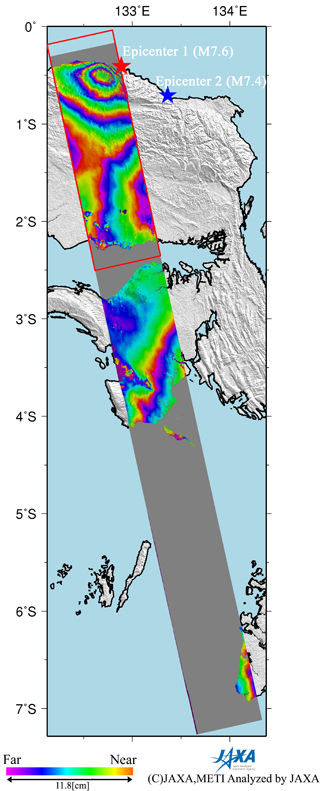 Fig.1(left): PALSAR Interferogram of the northwestern coast of New Guinea Island, Indonesia.