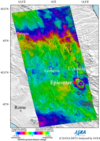 Figure 1 left is an interferogram generated from PALSAR data acquired before (July 20, 2008) and after (April 22, 2009) the earthquake using the DInSAR technique.