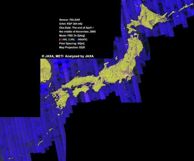 Fig.1: The color Mosaic of Japan Area (PALSAR 50m Orthorectified Mosaic product for The end of Apr. ~ the middle of Nov., 2008).