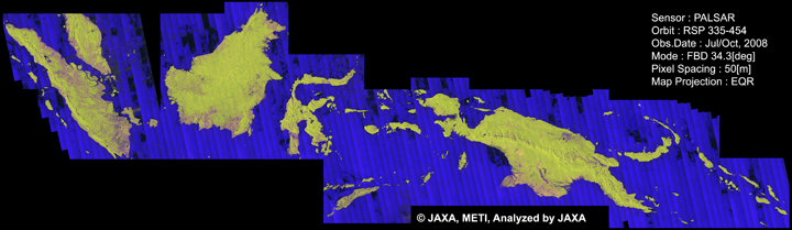 The color Mosaic of Asia and Oceania Area (PALSAR 50m Orthorectified Mosaic product for 2008).