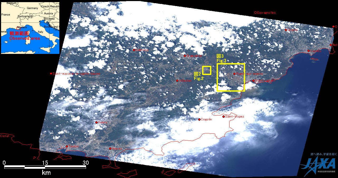 Fig.1: AVNIR-2 image with -28.0 degrees pointing angle acquired at 19:15 on June 17, 2010 (JST). Yellow squares show location of Figs. 2 and 3.