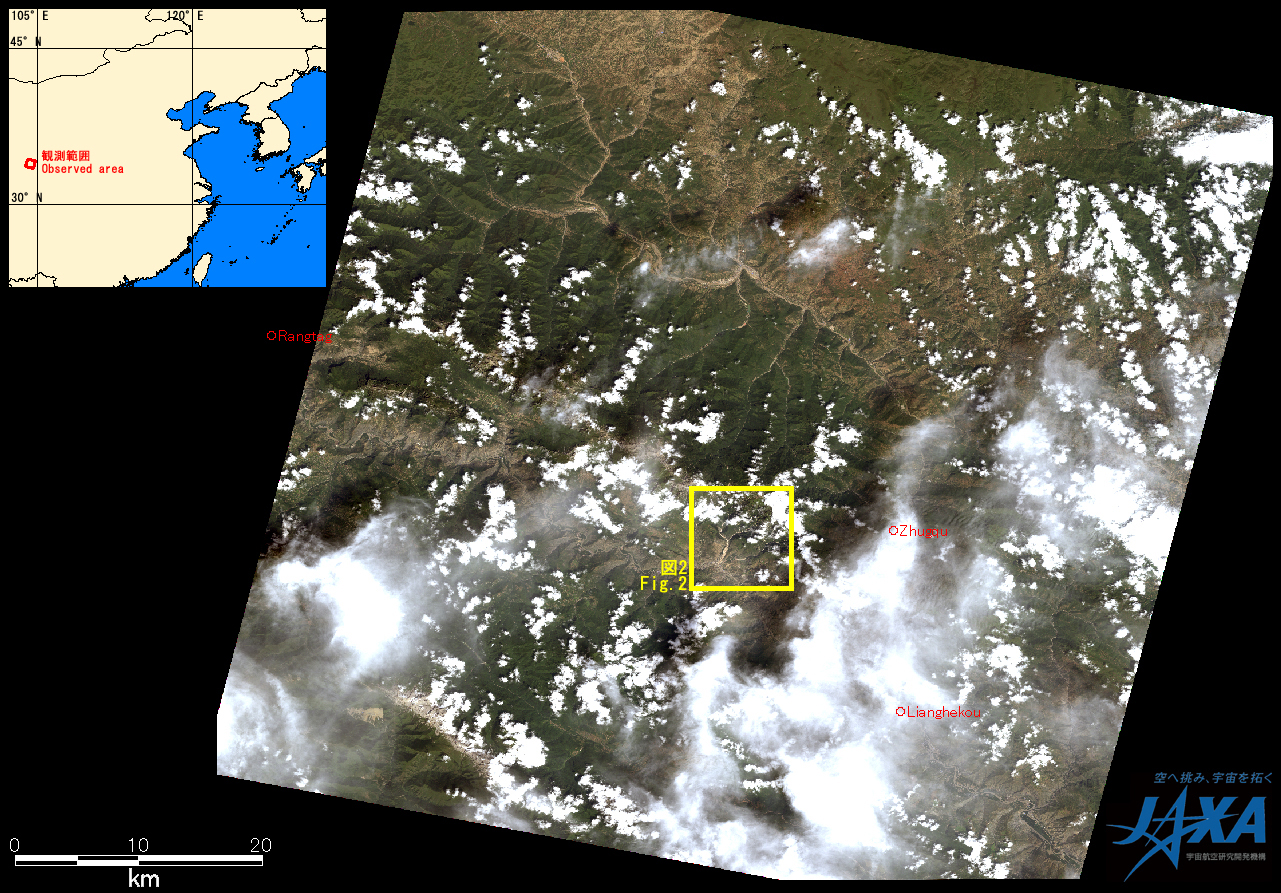 Fig.1: AVNIR-2 image with -4.0 degrees pointing angle acquired at 12:51 on August 24, 2010 (JST). Yellow square shows location of Fig. 2.