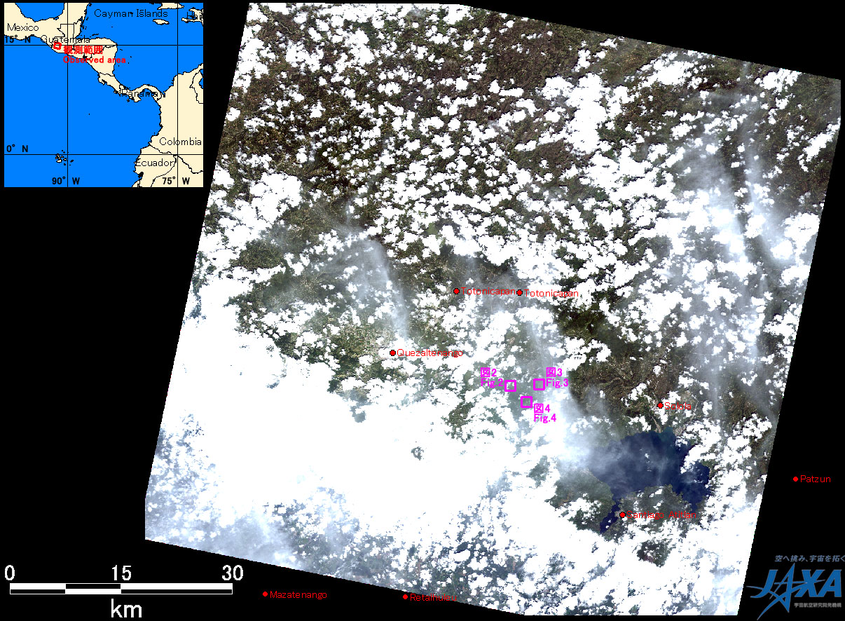 Fig.1: AVNIR-2 image with -19.0 degree pointing angle acquired at 1:34 on September 15, 2010 (JST). Pink squares show location of Figs. 2 - 4.