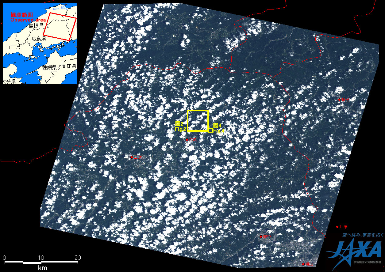 Fig.1: AVNIR-2 image with 15.0 degrees pointing angle acquired at 11:09 on July 21, 2010 (JST). Yellow squares show location of Figs. 2 to 4.