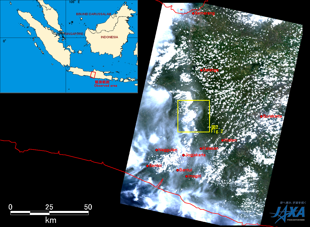 Fig.1: AVNIR-2 image with -26.0 degree pointing angle acquired at 11:49 on October 29, 2010 (JST). Yellow squares show location of Figs. 2.