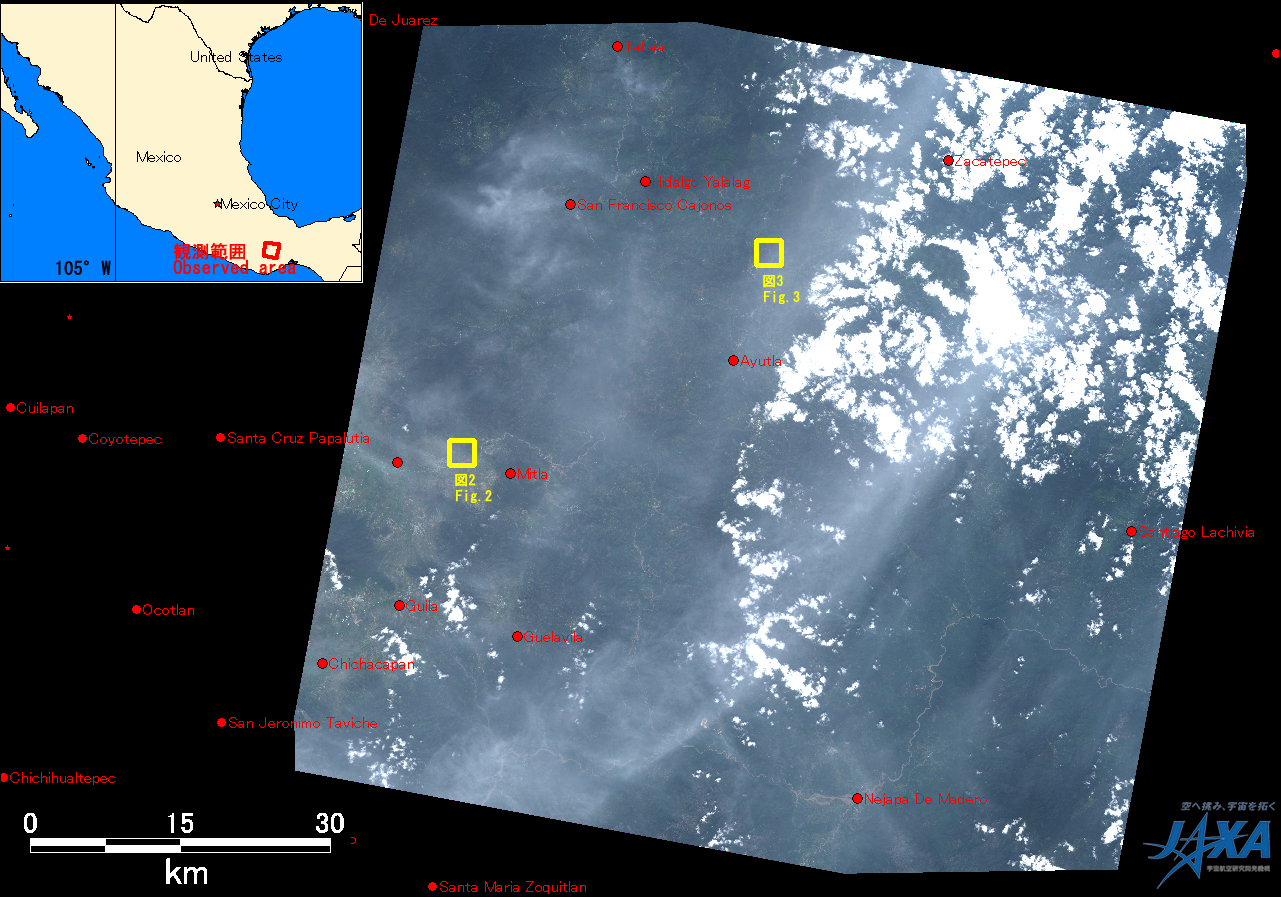 Fig.1: AVNIR-2 image with -21.0 degrees pointing angle acquired at 16:37 on September 29, 2010 (JST). Yellow squares show location of Figs. 2 and 3.