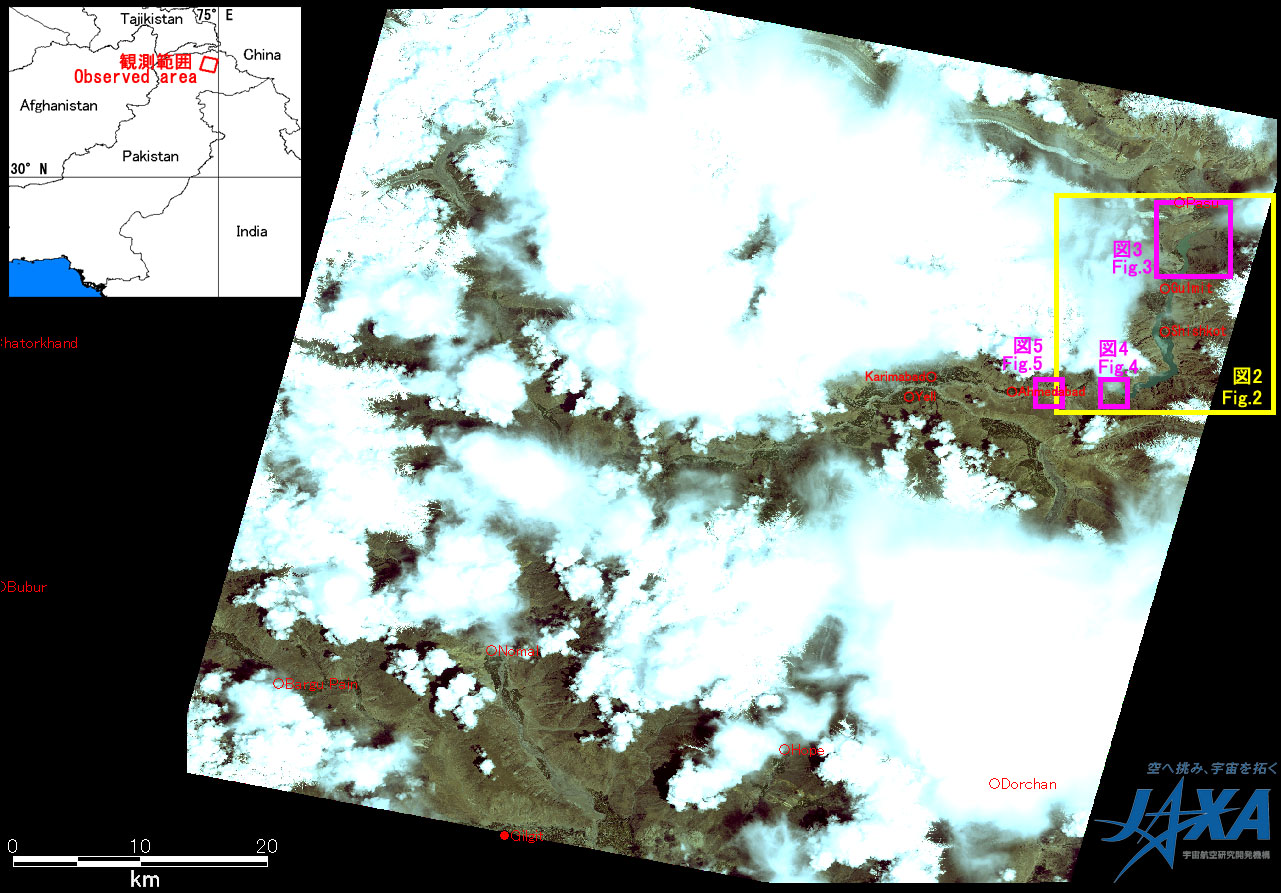 Fig. 1: AVNIR-2 image with 0 degree pointing angle acquired on 14:56 of June 13, 2010 (JST). Yellow square shows the location of Fig. 2, and pinks of Figs. 3 to 5.