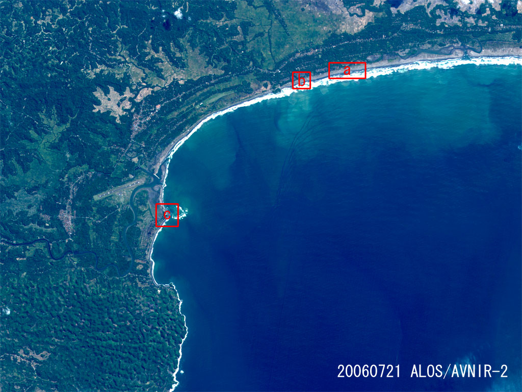 Tsunami Stricken Area in South of Java, Indonesia observed by AVNIR-2 on Jul. 21, 2006.