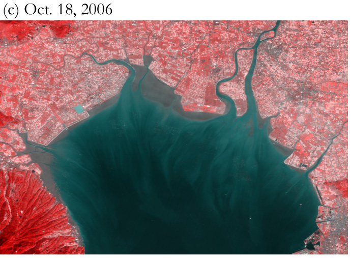 Fig.3: Zoom-up of the northern Ariake sea on October 18. They are assigned the near-infrared channel to R of RGB and assigned the red channel to G and B.