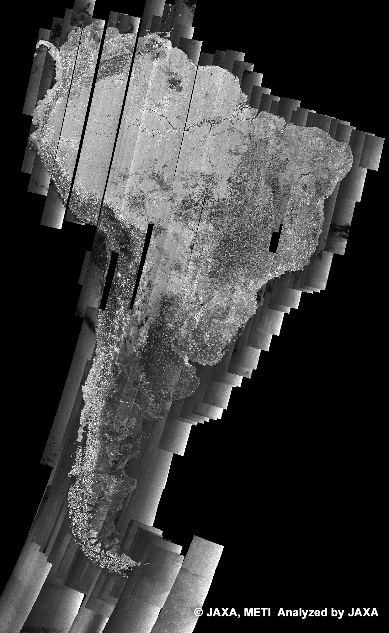 The 500m browse mosaic product of South America, observed by PALSAR on Cycle 21(July 25 ~ Sept. 8, 2008)