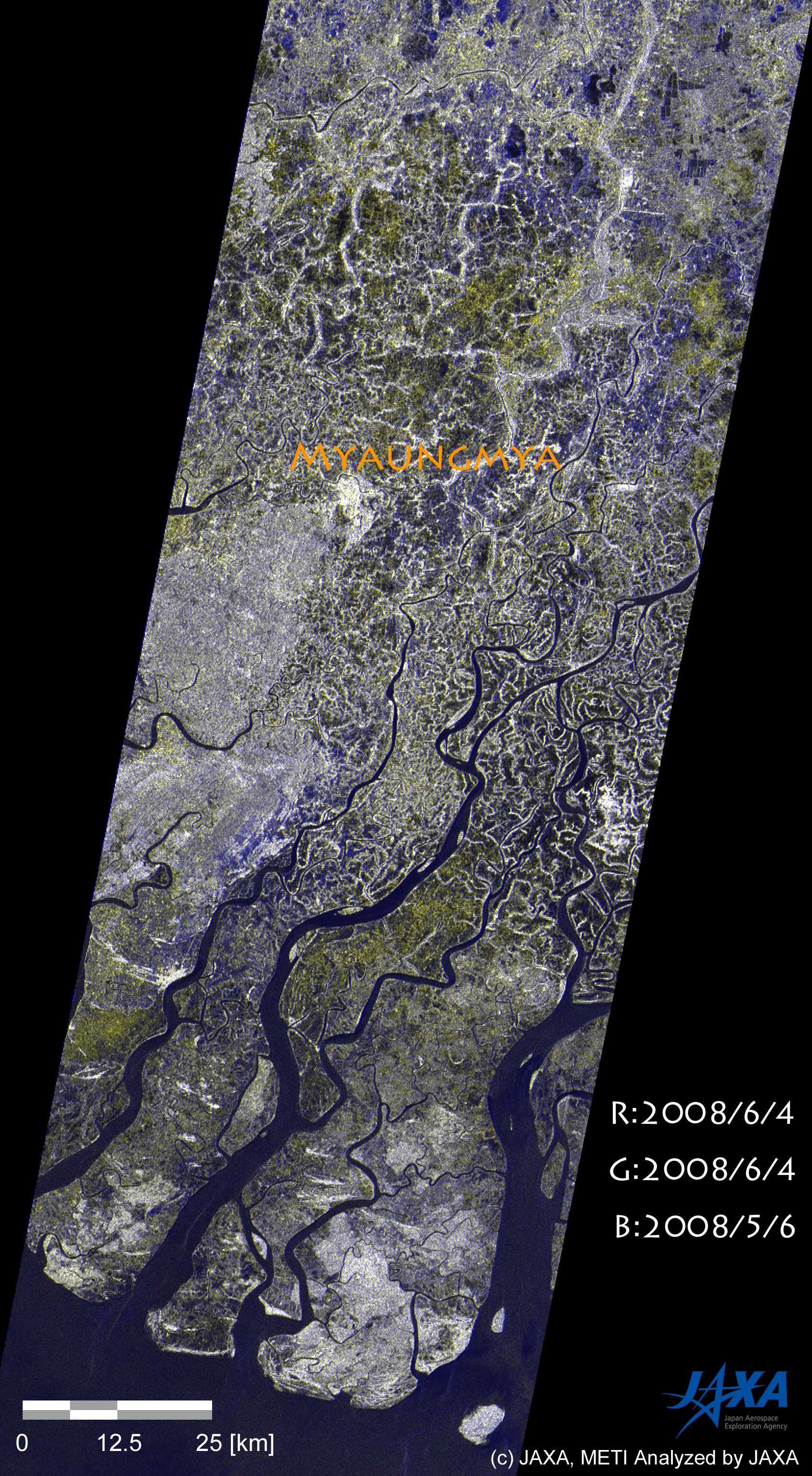 PALSAR conducted an emergency observation around the river mouth of Irrawaddy on May 6, 2008 just after the hit of Cyclone Nargis. It is possible to estimate changes in flooded areas during one month by comparing between the May 6 and June 6 images. The color composite of these images (Fig.3) shows YELLOW areas spreading around the river mouth of Irrawaddy and north of Myaungmya. Water levels in these areas are expected to lower. On the other hand, some BLUE areas exist, suggesting newly flooded areas probably due to the general rainy cycle.