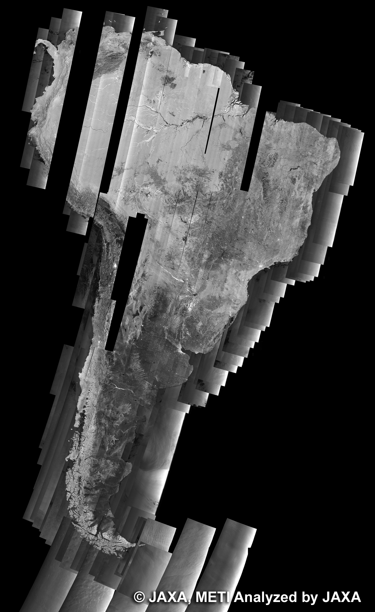 The 500m browse mosaic product of South America, observed by PALSAR on Cycle 20(Jun. 9, 2008 ~ Jul. 24, 2008)