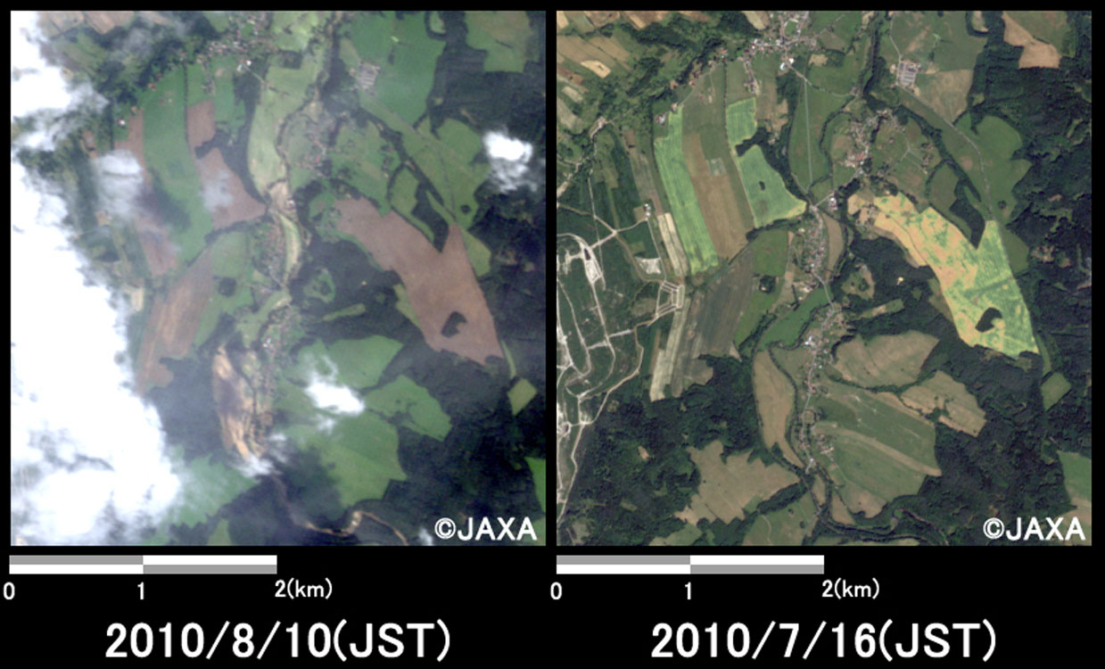 Fig. 3: Enlarged images of the submerged area at Poustka (16 square kilometers, left: August 10, 2010; right: July 16, 2010).