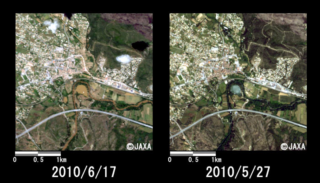 Fig. 2: Enlarged images in Le Muy (3km squares, left: June 17, 2010; right: May 27, 2010). 