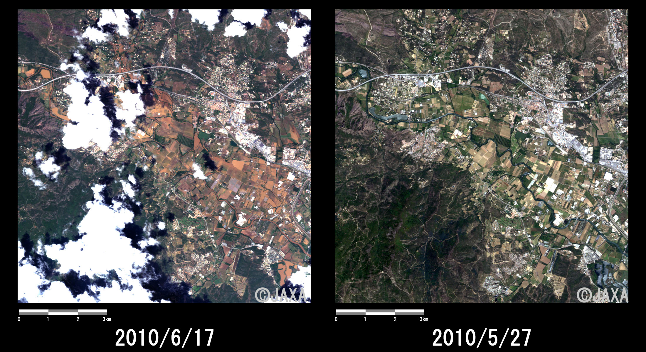 Fig. 3: Enlarged images in Puget-sur-Argens (10km squares, left: June 17, 2010; right: May 27, 2010)