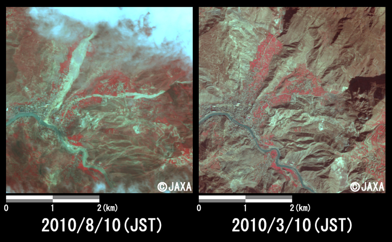 Fig. 2: Enlarged images of the mudslides at Sanyan Cun (16 square kilometers, left: August 10, 2010; right: March 10, 2010).