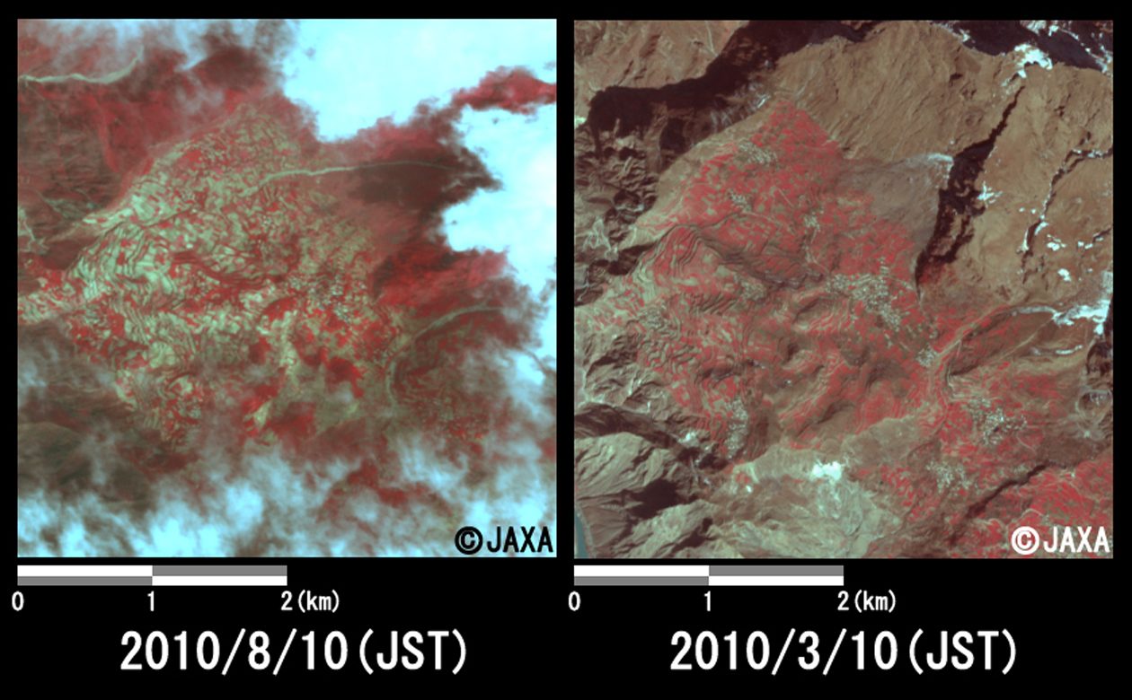 Fig. 3: Enlarged images of the mudslides at Meishuishan (16 square kilometers, left: August 10, 2010; right: March 10, 2010).