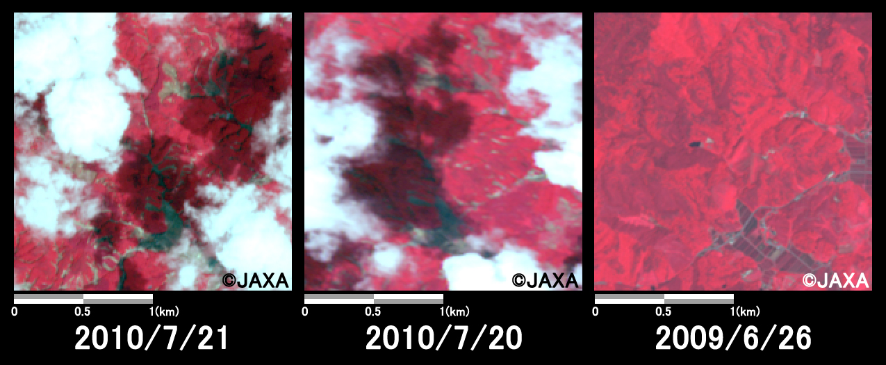 Fig. 3: Enlarged image of Saijo cho, Shobara city where mudslide occurred (4 square kilometers, left: July 21, 2010; middle: July 20, 2010; right: June 26, 2009).