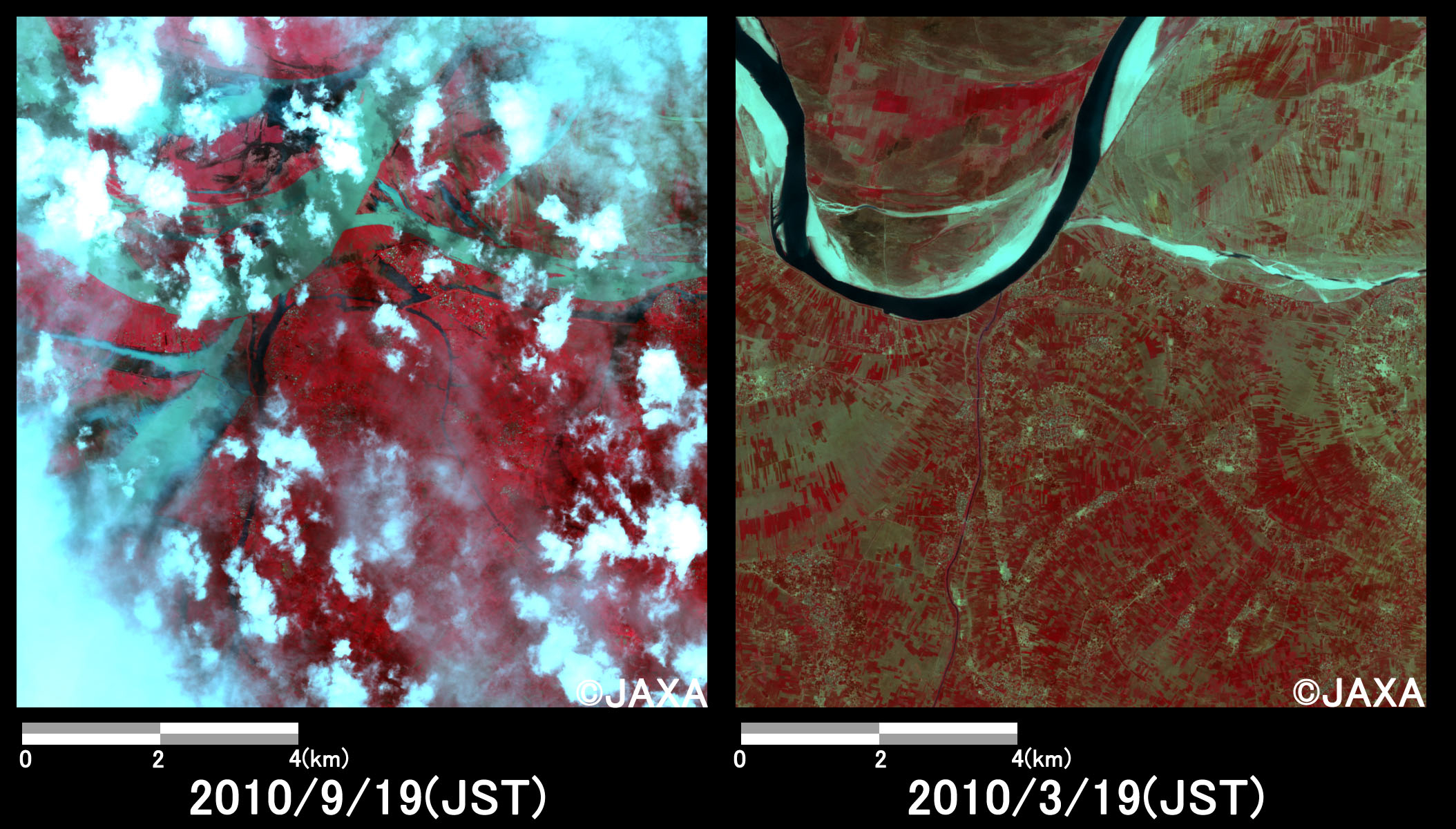 Fig. 2: Enlarged images at the swollen river at Semaria (100 square kilometers, left: September 19, 2010; right: March 19, 2010).