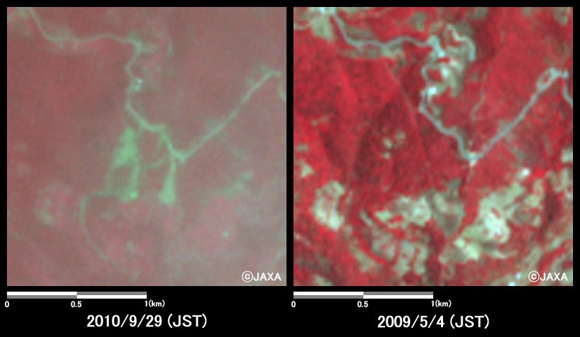 Fig. 3: Enlarged images of the mudslides at Santa Maria Tlahuitoltepec (4 square kilometers, left: September 29, 2010; right: May 4, 2009).